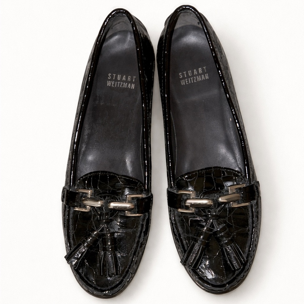 Stuart Weitzman Rascal Black Patent Croc Tassel Loafers Size 6 🖤